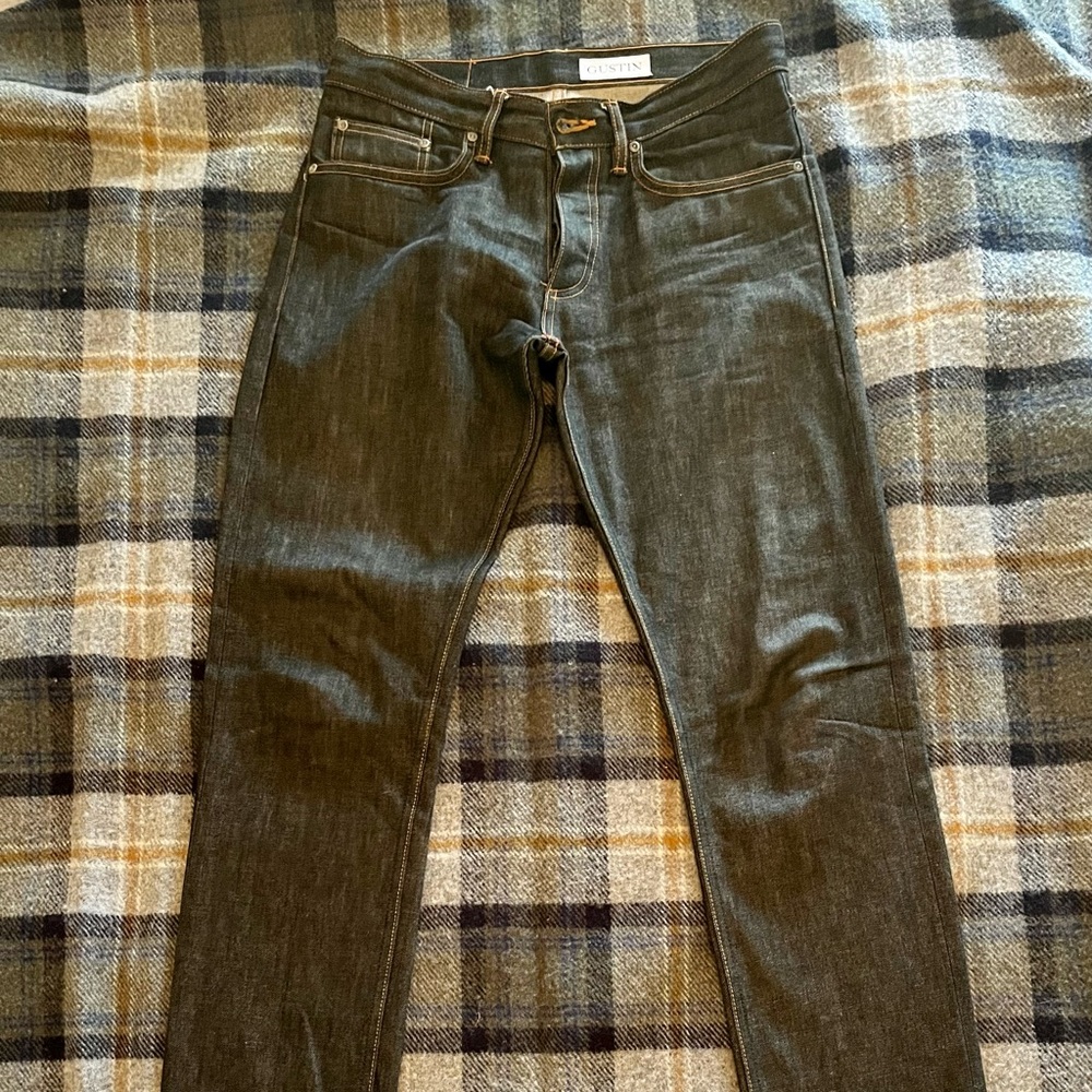 Gustin 32 slim Cone Mills black raw denim jeans, unwashed, unhemmed